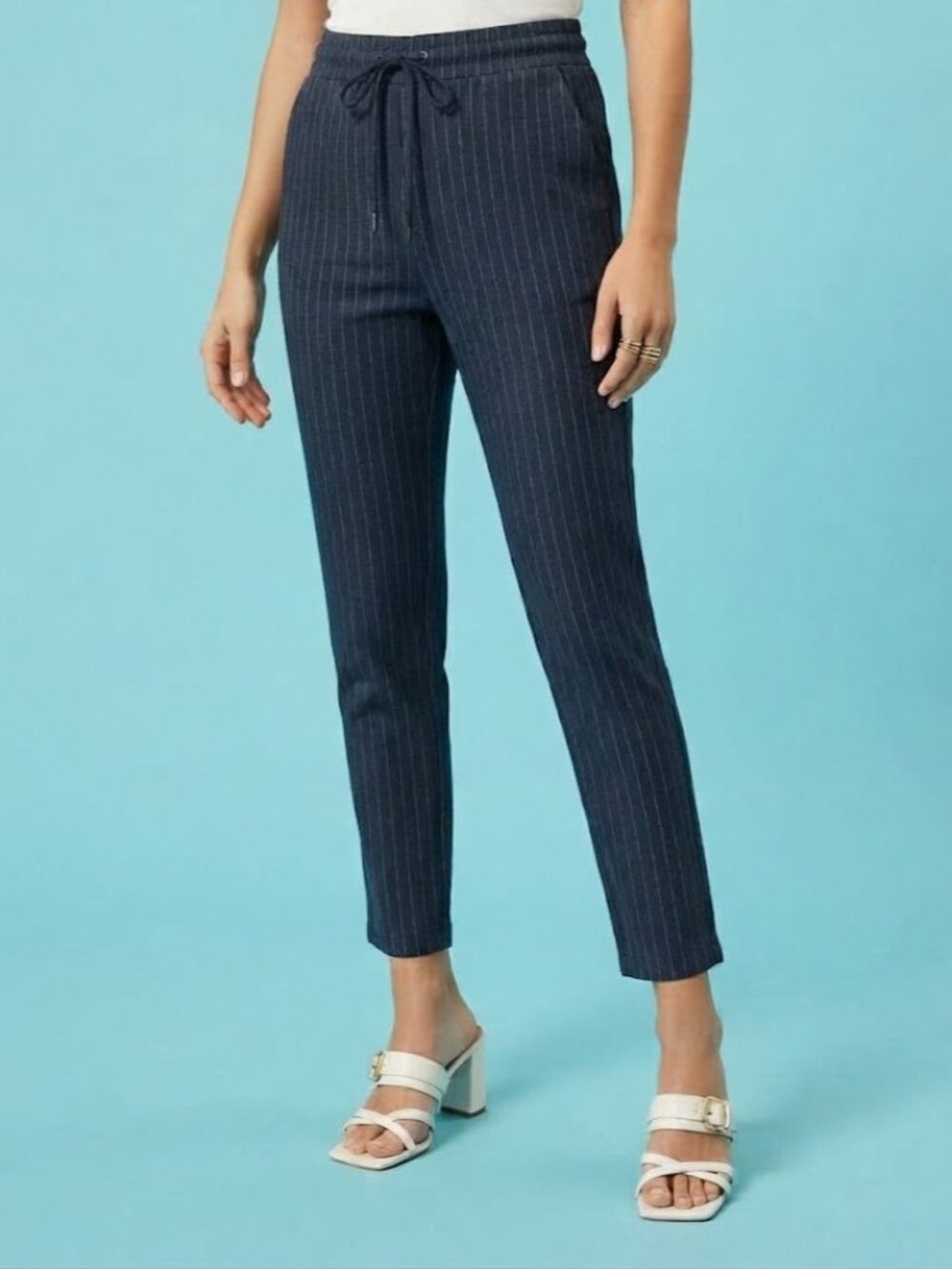 DKNY Navy Blue Pinstripe Drawstring Straight Leg Pants